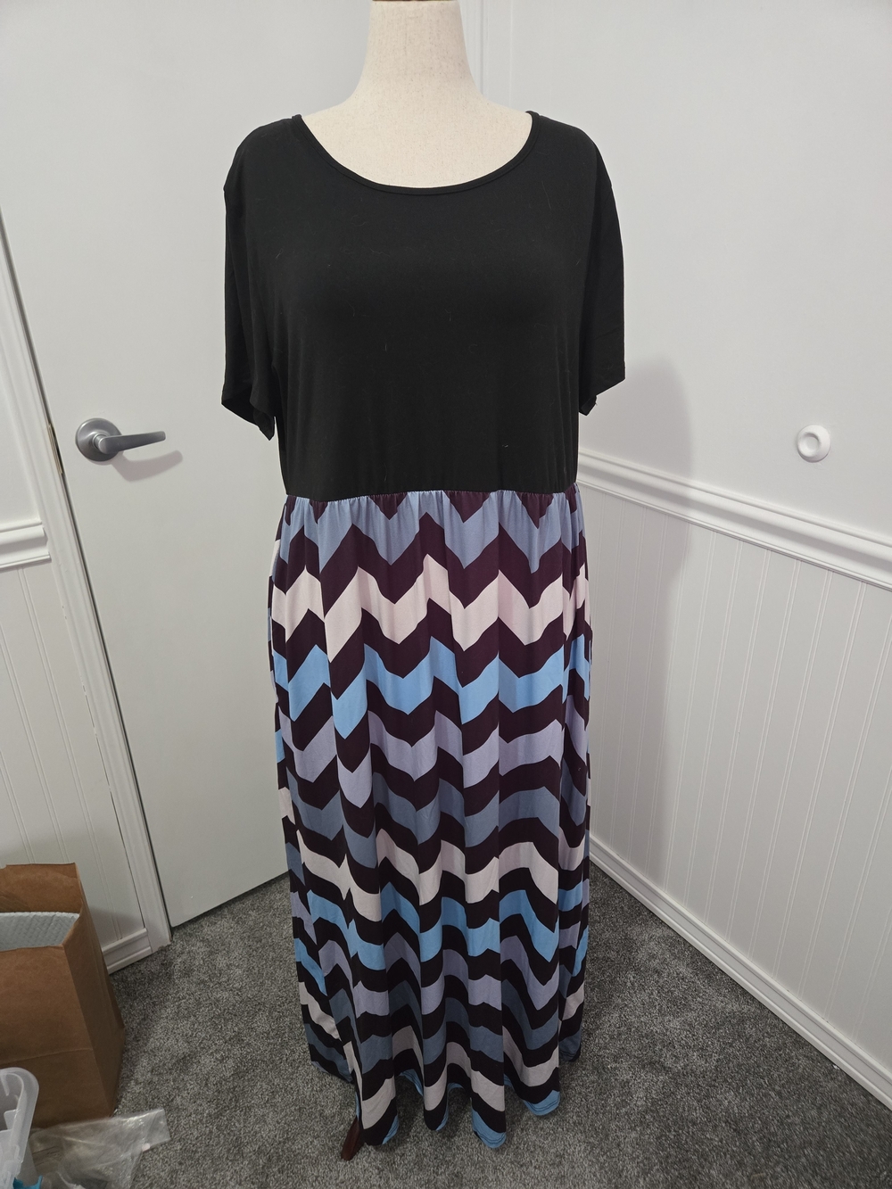 Black Top Maxi Dress with Blue and Purple Chevron Skirt